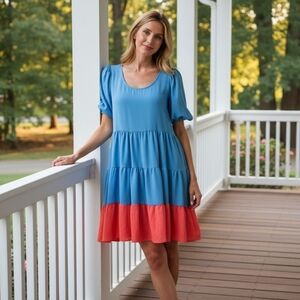 BiBi Colorblock Balloon Sleeve Scoop Neck Tiered Ruffle Babydoll Mini Dress
